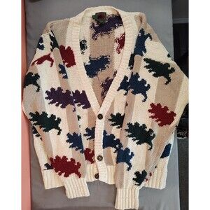 Boston Trader's Knit Cardigan Button Front Leaf Pattern Stripes Cream XL